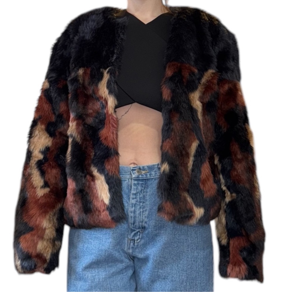 VILA Multicolor Faux Fur Teddy Jacket in Black, Brown & Cream